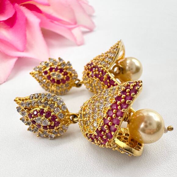 Fashion Jewelry Jewelry - Jeweled Jhumka Drop Earrings Bell Chime Sound India Wedding CZ Ruby? Occasion